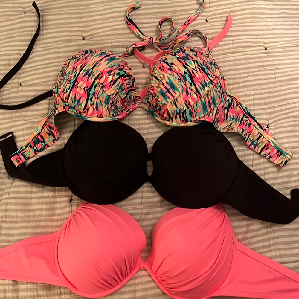 Target brand bikini tops, size large. Padded cups with closure and tie top.